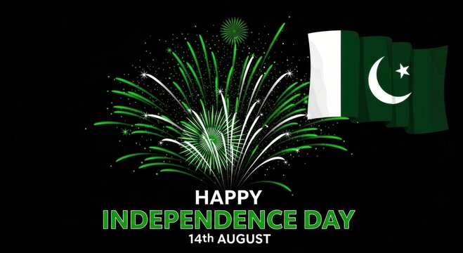 A pakistan independence day image with fireworks and the flag on a black background design theme - Powered by Adobe