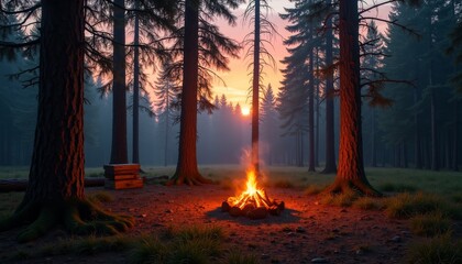 Obraz premium Serene Campsite with Campfire under Beautiful Twilight Sky
