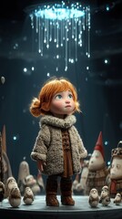 Enchanted Child in Cozy Sweater Surrounded by Whimsical Creatures