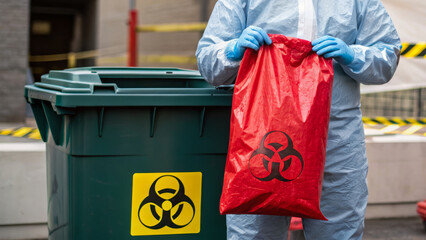 Biohazard waste storage handled safely by worker in protective suit and gloves