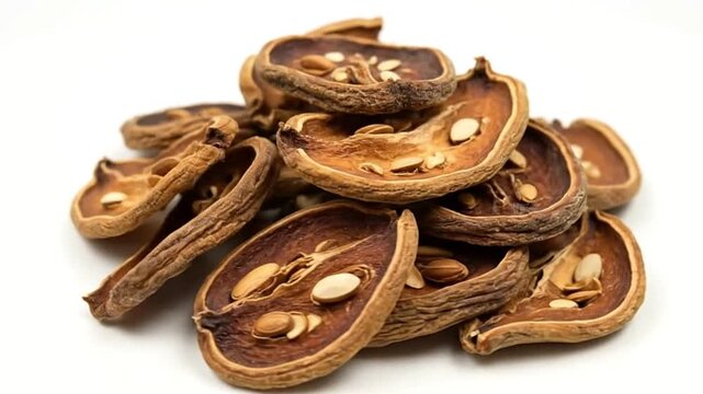 A pile of dried bael fruit slices displaying seeds within their concave interiors set against a white backdrop
