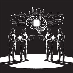 Four men in suits holding laptops under a brain shaped circuit board in black and white style