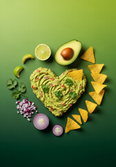 Heart-Shaped Guacamole Composition with Fresh Mexican Ingredients
