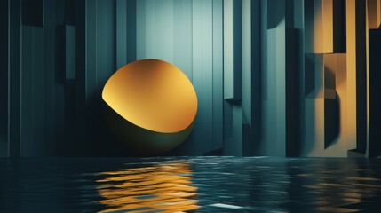 Abstract surreal golden egg floating in futuristic blue hallway reflection for conceptual fantasy visuals artwork