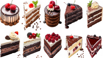 Assortment of delicious cake slices with various toppings perfect for a dessert menu or special occasion celebration isolated on transparent background