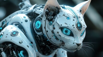 Futuristic robotic cat with glowing blue eyes and intricate mechanical details.