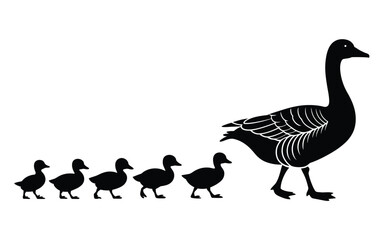 Black silhouette of a mother goose leading her ducklings
