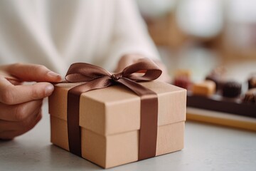 A teacher's hand ties a ribbon around a gift box for appreciation Generative AI