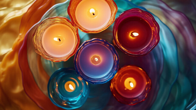 Colorful tealight candles casting warm reflections on glass surface, perfect for decor, relaxation, and ambient moments.

 - Powered by Adobe