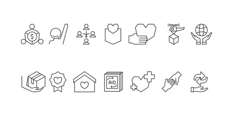 Charity and social welfare icon set collection for giving, nonprofit organizations, volunteering, donation, community support, humanitarian aid, and global relief