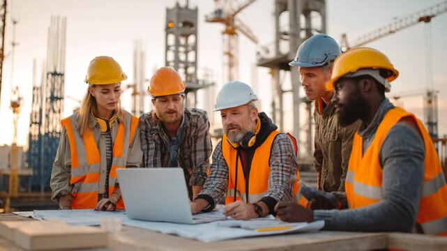 A team of construction workers review plans on a laptop at a site with structural steel in the background showing collaboration and project planning