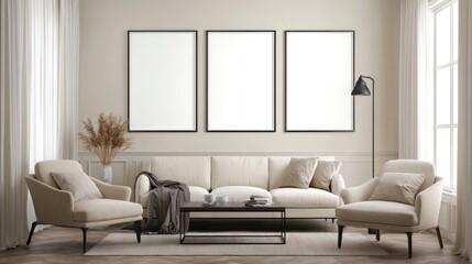 Light-filled living room featuring a sofa and chairs, three blank framed pictures, and plants