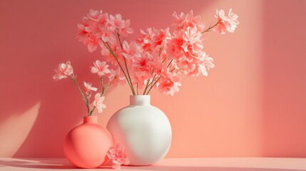 Pink flowers in white vase on pastel background casting shadows for home decor minimal spring lifestyle photography