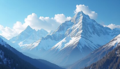 Obraz premium Majestic Snow-Capped Mountains Under Bright Blue Sky and Clouds