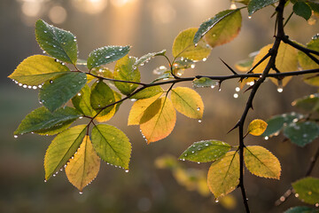 Jesienne liście z kroplami rosy o poranku, naturalny krajobraz i piękno przyrody w makrofotografii