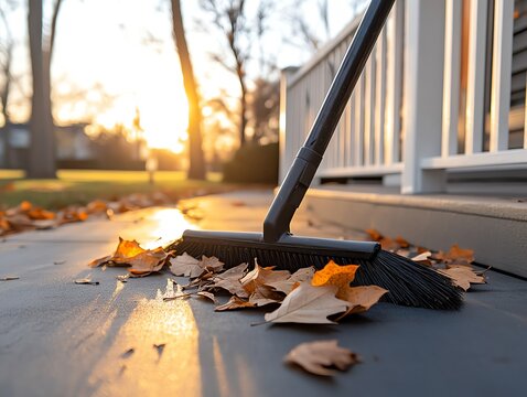 A dynamic shot of a broom in action, sweeping leaves off a front porch