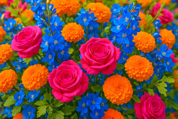 Colorful Floral Bouquet Featuring Roses, Marigolds, and Delphiniums Arranged for Celebration and Decoration