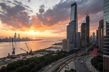 Fototapeta premium Majestic city skyscrapers bathed in warm sunset glow skyline tall buildings
