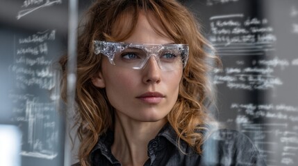 Beautiful blonde woman wearing futuristic glasses with a holographic display, close-up portrait of a female model in an office environment, blurred background, stock photo.