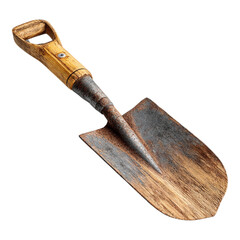 Rustic garden shovel with worn wooden handle and aged metal blade, perfect for gardening work