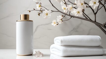 A luxurious laundry detergent bottle with gold accents, elegantly placed beside folded towels and fragrant flowers