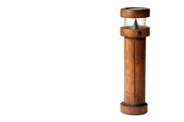Unique vintage wooden tool with glass top and metal interior in natural light on white background, showcasing craftsmanship and design