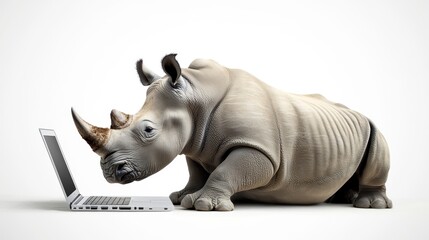 A rhinoceros sits on a white background, looking intently at a laptop computer.