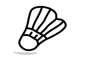 simple, hand-drawn style black and white illustration of a badminton shuttlecock. The shuttlecock is shown with a rounded cork base and a feathered skirt depicted with thick