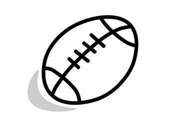 A simple, black and white line art illustration of an American football. The oval-shaped ball is shown with thick black outlines and features the characteristic stitches in the center. 