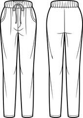 CAD drawing flat vector illustration of casual women’s jogger pants with elastic waistband and drawstring, front and back view