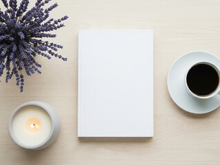white blank book mockup looks elegant beside a cup of black coffee and calming purple flowers decorating the scene.