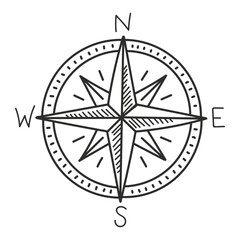 Compass wind rose with quirky line art style, perfect for adventure illustrations and boho designs