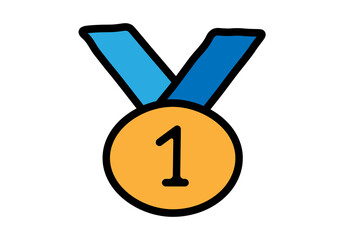 A colorful and slightly hand-drawn style illustration of a first-place medal. The circular medal is gold-colored with a thick black outline and a bold black number "1" in the center.