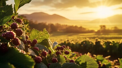 Clusters of ripe blackberries in a sunlit orchard.