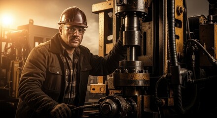 Profile of a laborer intertwined with heavy drilling equipment and processing units.