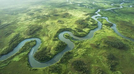 Fototapeta premium Aerial view of winding river through lush green landscape