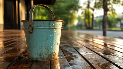 A retrostyle metal bucket filled with sudsy water, placed on a rustic deck
