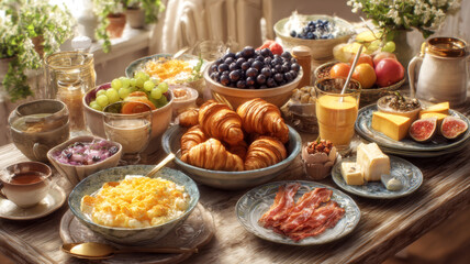 An abundant and delicious brunch or breakfast feast laid out on a wooden table, including a variety of fresh pastries, fruits, eggs, cheese, and coffee, perfect for a gathering