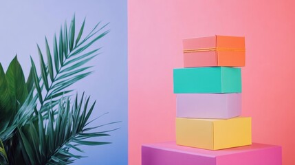 Stacked pastel boxes with tropical leaves on split background minimal geometric color block packaging design