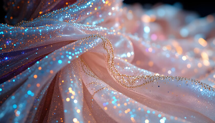 "Close-up of Sparkling Glitter Fabric in Neon Light, Abstract Colorful Shiny Textile Background"