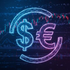Digital rendering of a dollar and euro symbol with a circular arrow, against a financial chart background.