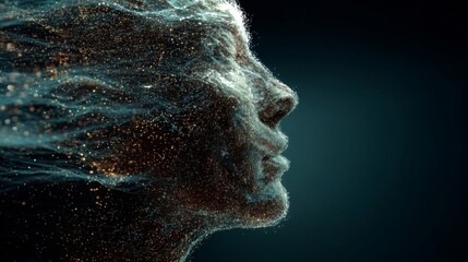 Stunning Visual of Human Head Morphing into Digital Particles Creating an Ethereal Effect and Captivating Atmosphere