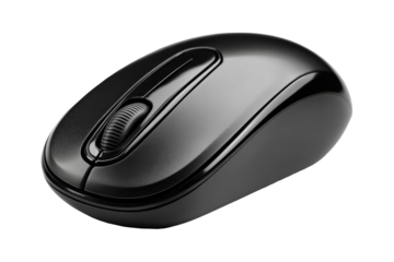 Sleek and Functional Computer Mouse: This image is of a high-angle shot, showcasing a black computer mouse in all its sleek glory. Every detail is clear, from the scroll wheel to the buttons.