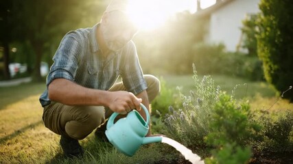 A man in a blue shirt and hat is watering a plant with a watering can. The scene is peaceful and serene, with the man taking care of the plant in a quiet outdoor setting - Powered by Adobe