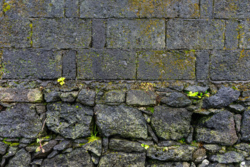 Traditional stone wall of an Azorean house built with iconic volcanic basalt, showcasing the island’s rustic architecture and natural heritage.