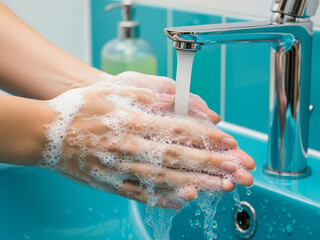 Fototapeta premium washing hands with soap under running tap water before meals and after completing daily activities.