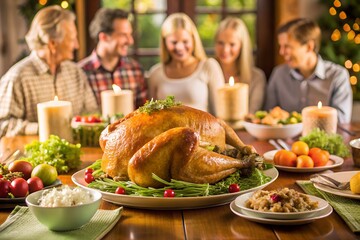 A festive thanksgiving dinner table laden with a roasted turkey, side dishes, and decorations, with a smiling family gathered around in a warm, cozy home setting
