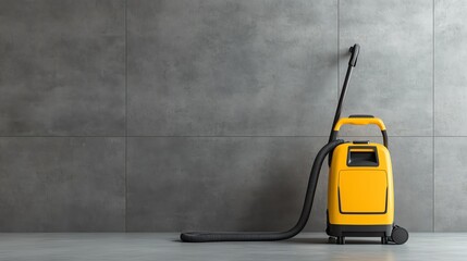 An industrial vacuum cleaner with a long hose coiled neatly on a gray concrete floor