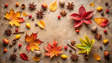 Overhead view of a rustic autumn flat lay arrangement featuring colorful maple leaves, spices like star anise and cinnamon sticks, nuts, berries, and gourds on a textured wooden surface