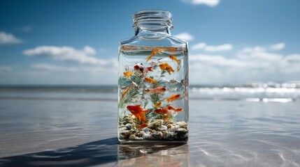 Glass jar with colorful fish and coral placed on beach shore surreal aquatic preservation concept design